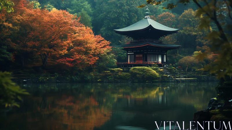 Japanese lakeside temple framed by dense autumn forest.
