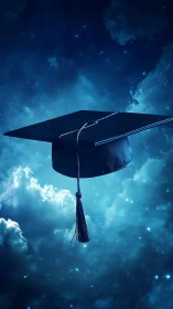 Graduation cap floating above luminous celestial clouds.