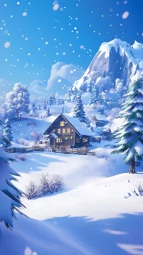 Alpine chalet under dynamic snowfall in luminous winter light.