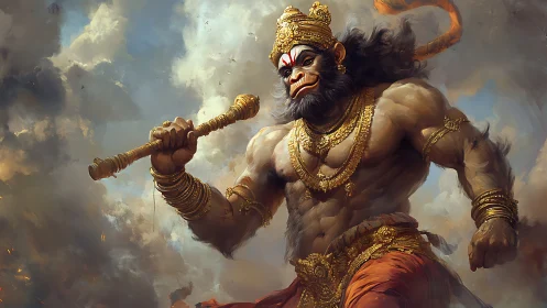 Mythic warrior monkey god strides through stormy sky