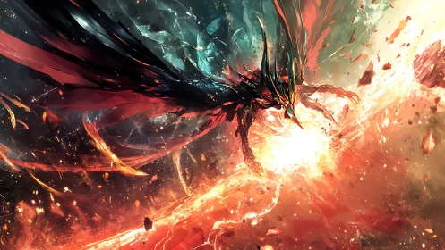 Fiery cosmic phoenix plunges through light and shattering stone