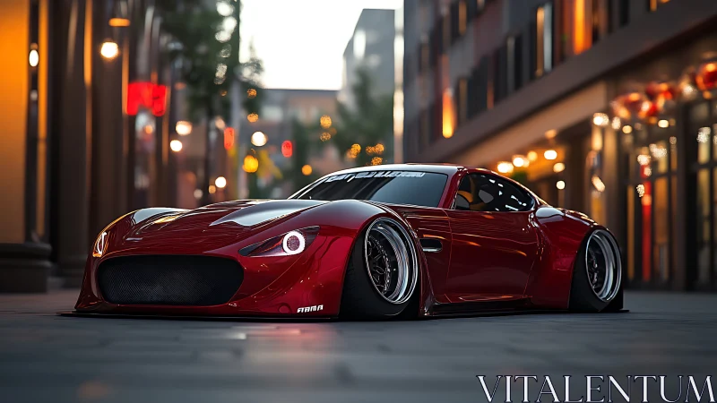 Low-slung red widebody tuner car in modern city street.