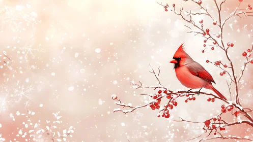 Scarlet cardinal poised on frosted berry branches in winter.