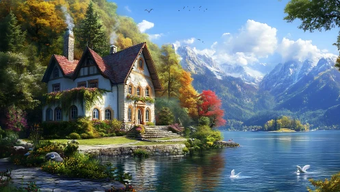 Lakeside cottage under bright mountains and autumn forest.
