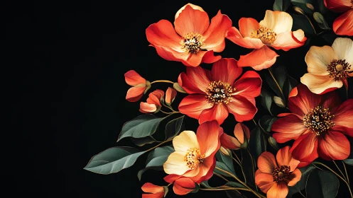 Red and Coral Cosmos Flowers with Cream Petals on Black Background