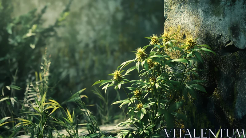 Sunlit wildflower outpost against crumbling mossy wall.