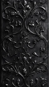 Ornate black metal panel shows raised floral scrollwork