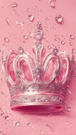Pink jeweled crown with crystal splashes on solid background.