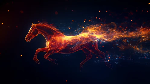 Fiery digital stallion racing through glowing night sky.