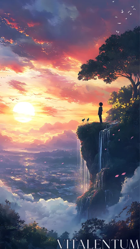 Sunset vista from cloudside cliff with solitary dreamer.