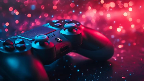 Neon-lit game controller drifting through digital stardust.