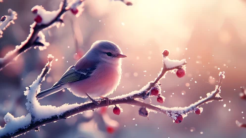 Frosted Bird Perched on Crystalline Berries.