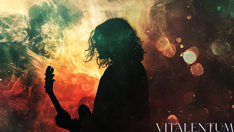 Silhouetted guitarist against nebula-like bokeh light field