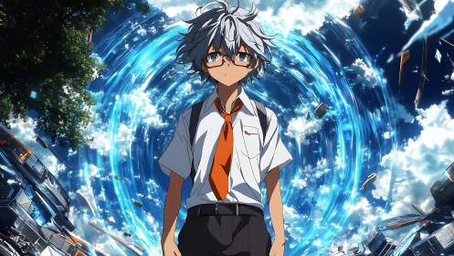 Anime student stands before swirling blue sky portal.