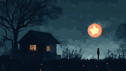 Child watches eerie moon beside lonely house at night.
