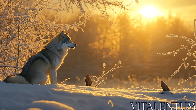 Backlit husky observes winter forest under low golden sun
