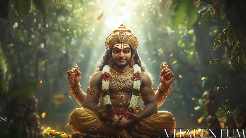 Golden forest deity sits in radiant jungle clearing