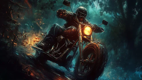 Midnight rider carving fiery trails through stormed forest.
