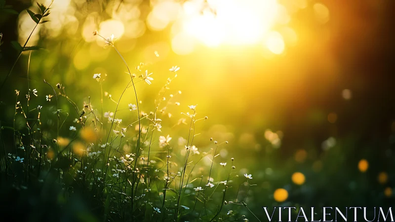 Wildflower whispers in liquid gold evening sunlight glow.