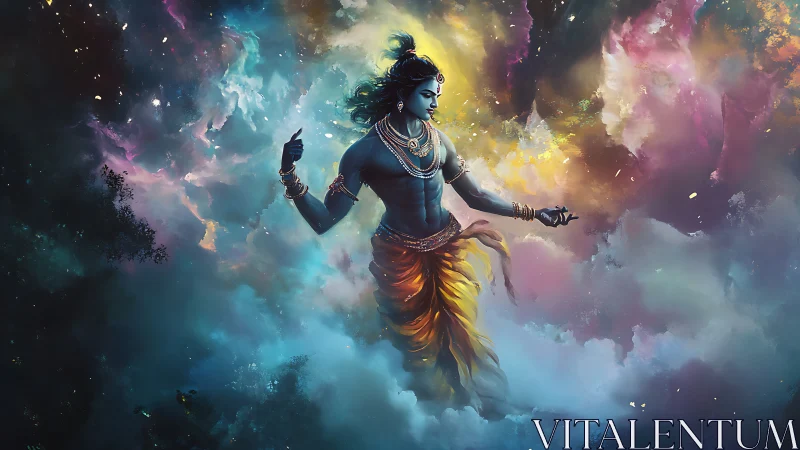 Divine cosmic dancer steps through swirling nebula light