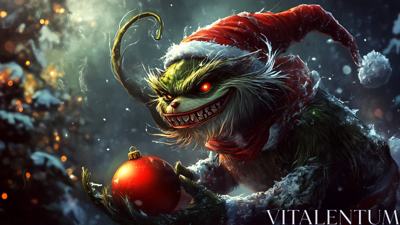 Sinister Christmas trickster grips a burning red bauble.