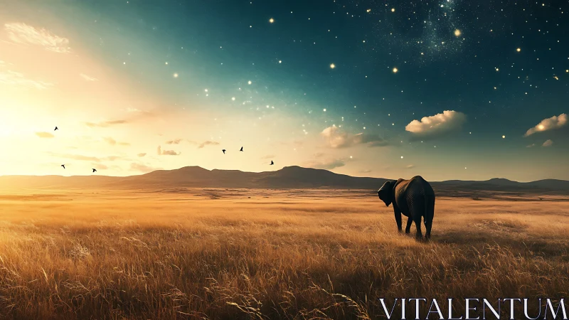 Elephant crosses golden savanna under composite sunset and starfield