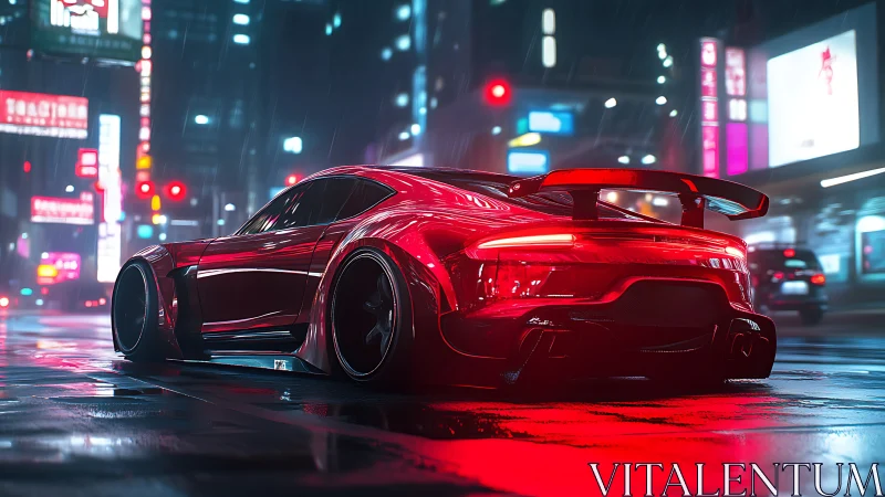 Red sports car reflects neon lights on wet city street