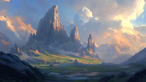 Mountain landscape with sharp peaks and layered clouds.