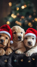 Santa hat puppy trio guarding the softly glowing tree.