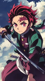 Skyward swordsman freezes mid-strike in a crimson gale