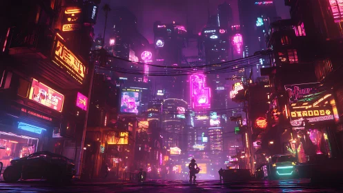 Neon canyons swallow a lone wanderer in electric dusk