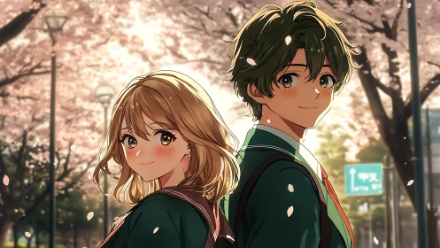 Anime students walking under cherry blossoms at golden hour
