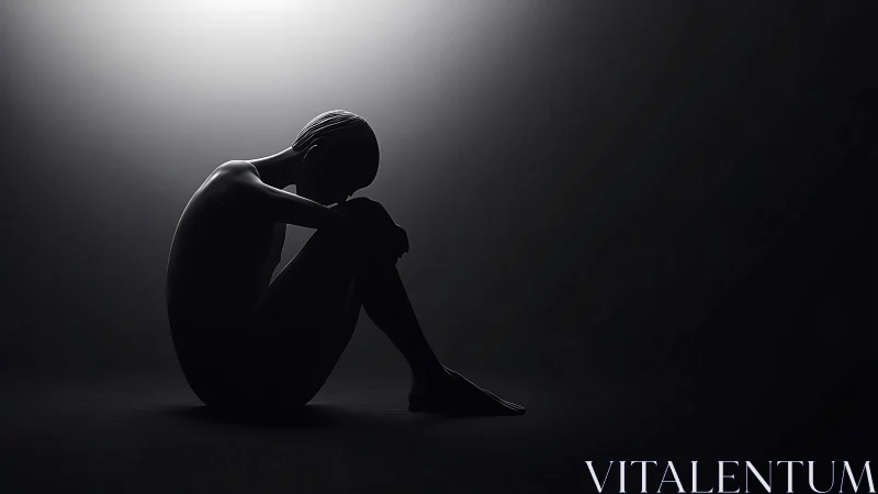 Solitary silhouette curled beneath a cautious halo of light.