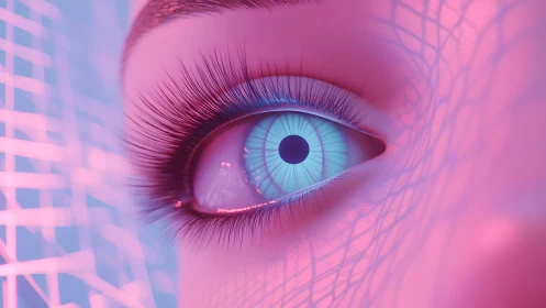 Futuristic close-up of human eye in neon cyberpunk style artwork.