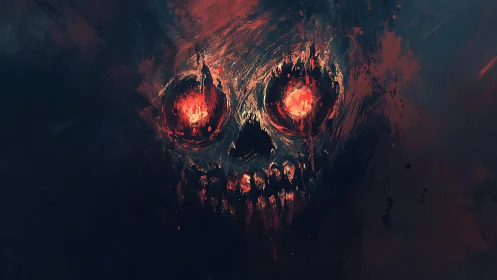 Molten spectral skull rendered with aggressive brush textures and glow