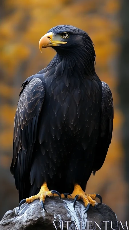 Dark-plumaged eagle on rock against blurred autumn backdrop.