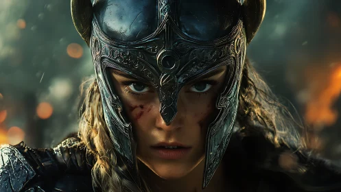 Fierce warrior in ornate helm holds steady in fiery battle