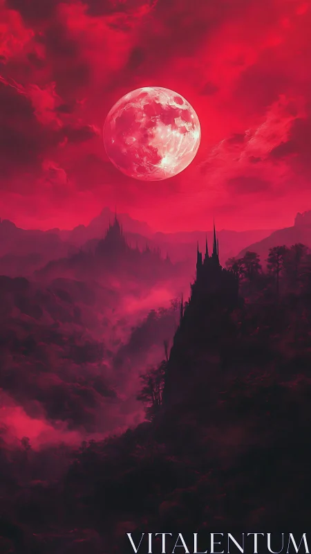 Crimson full moon over misty gothic valley landscape.