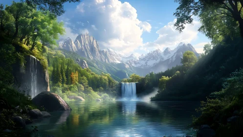 Mountain lake waterfall under volumetric light and aerial haze