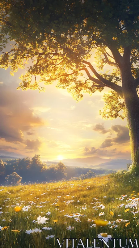 Volumetric sunset over daisy meadow with arboreal canopy.