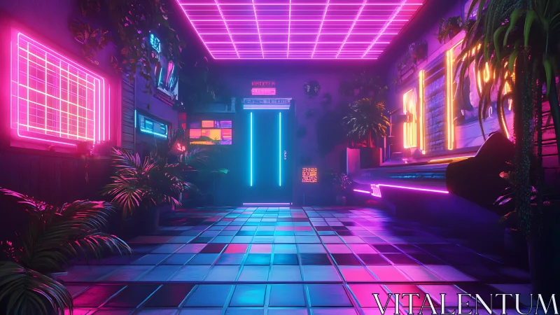 Neon jungle corridor with retro-futuristic grid ceiling glow.