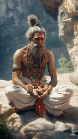 Mountain sage in deep meditation amid rocky cliffs.
