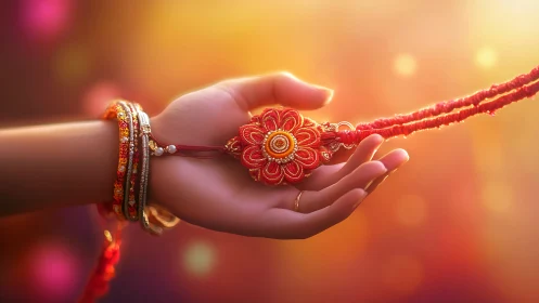 Hand holding ornamental textile pendant in warm lighting.