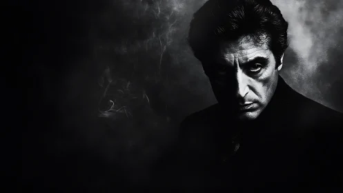 Moody monochrome portrait with deep, shadowed intensity.