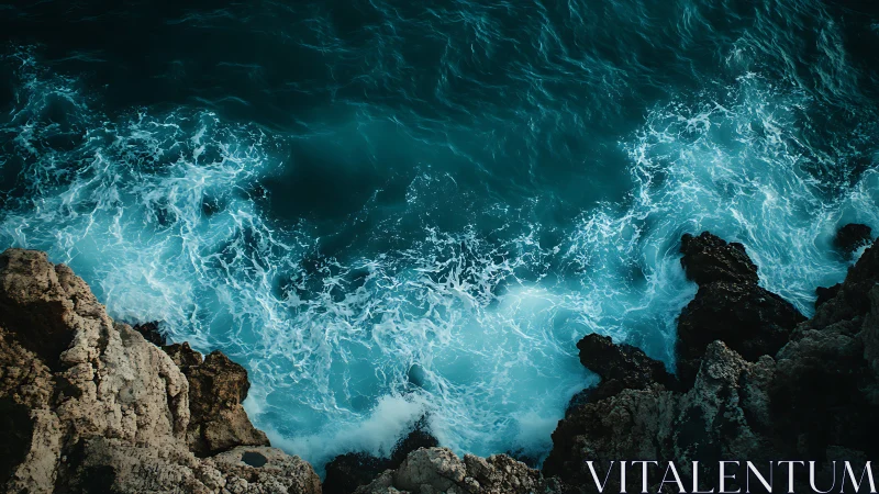 Rocky shoreline with turquoise waves under overhead view.
