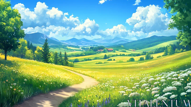 Sunny country path through bright wildflower valley landscape.