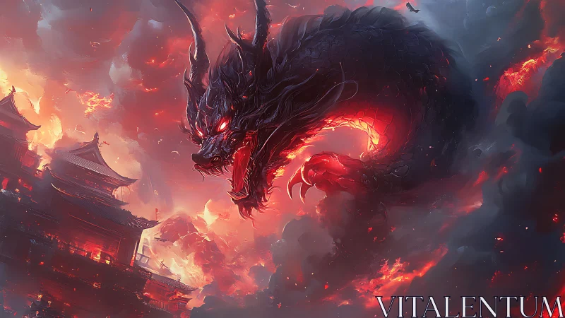 Infernal dragon storm encircling burning imperial citadel.