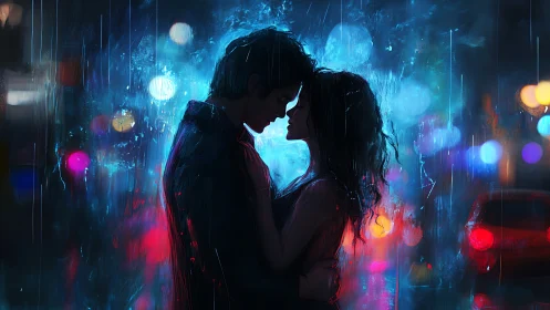 Silhouetted Couple Embracing Within Neon-Suffused Urban Rain