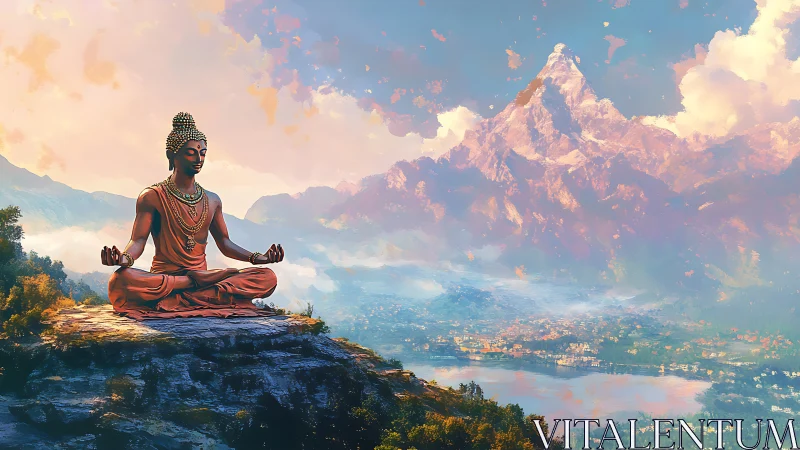 Serene monk meditates above a glowing valley at sunrise