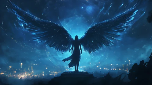 Celestial winged guardian silhouetted in radiant blue storm.